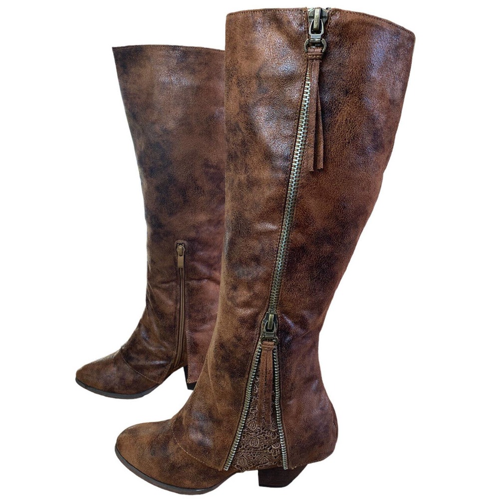Southern Fried Chics Women’s 8 Brown Faux Leather Zip Sheath Lace Reveal Boots